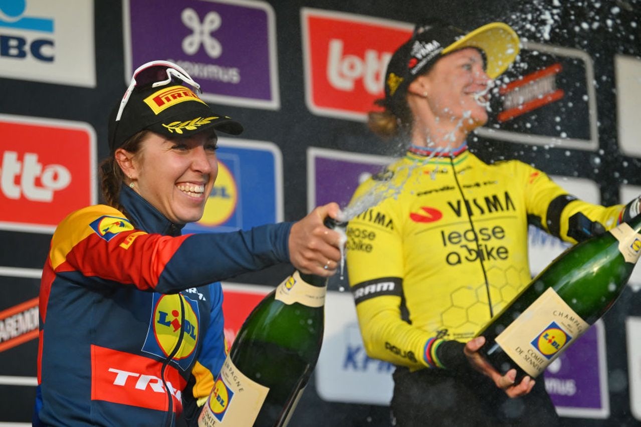 Shirin van Anrooij celebrates on the podium of Dwars door Vlaanderen